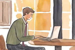 Disegno di un giovane ragazzo di 25 anni e senza esperienza lavorativa cerca lavoro su internet, mentre è seduto alla sua scivania