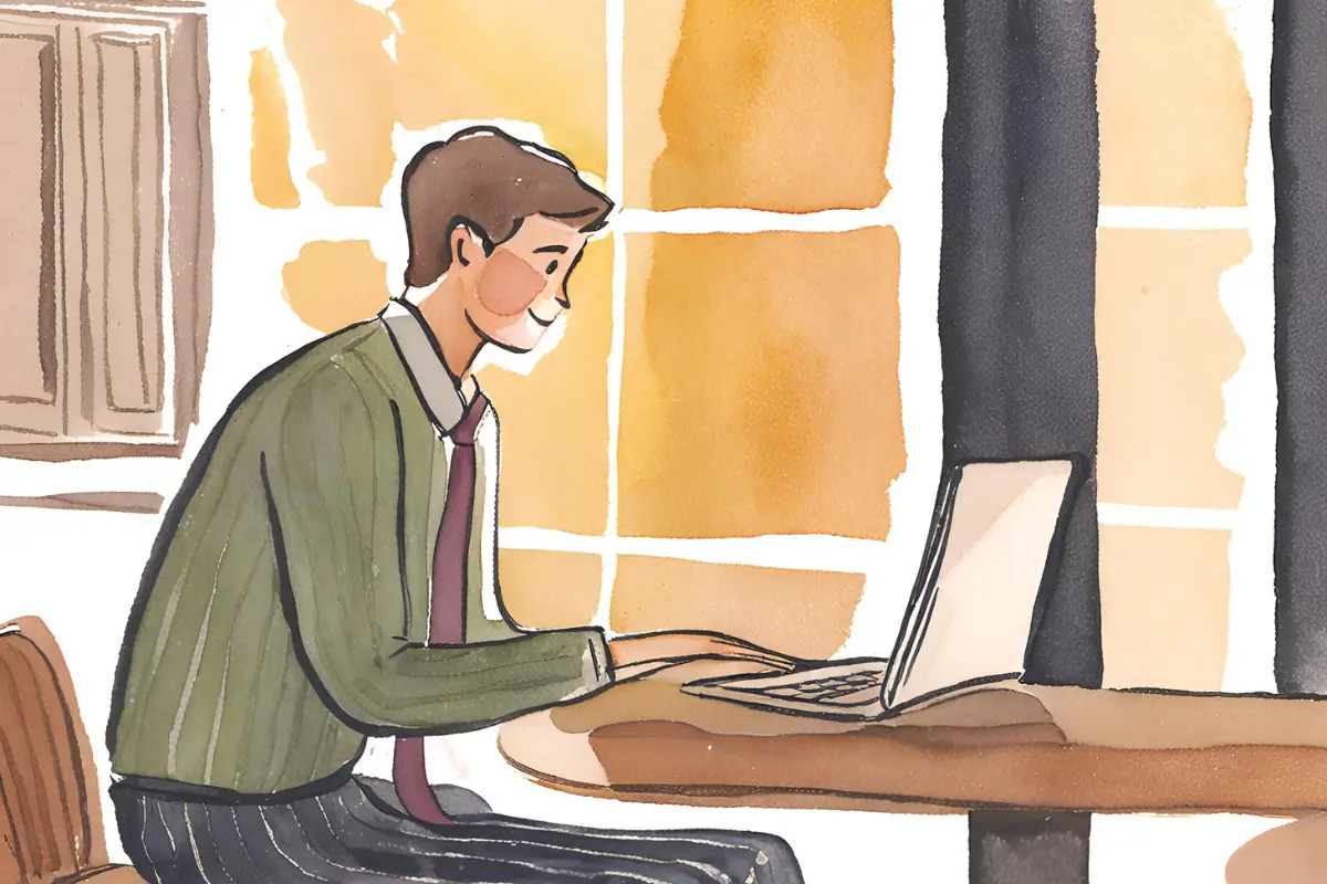 Disegno di un giovane ragazzo di 25 anni e senza esperienza lavorativa cerca lavoro su internet, mentre è seduto alla sua scivania
