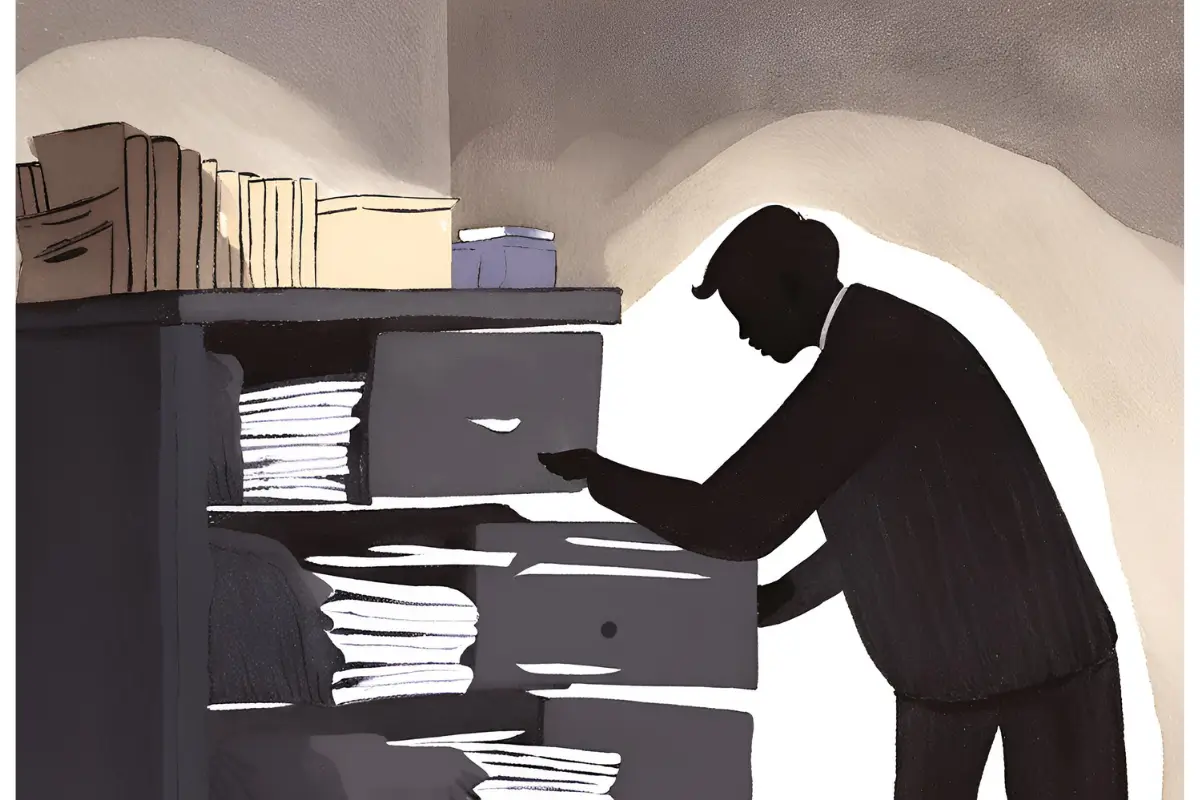 Silhouette di un impiegato che furtivamente estrae documenti da un cassetto dell'ufficio